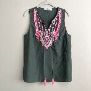 The Impeccable Pig Embroidered Tank Top Blouse Tassels Size Small